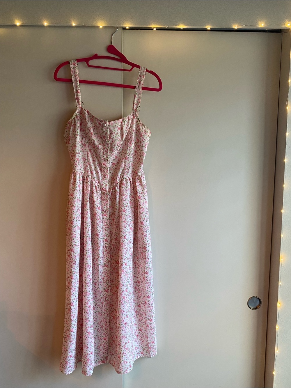 RIHOAS Pink Floral Midi Dress Baqsue Waist  Button Up Adjustable Straps | Size S